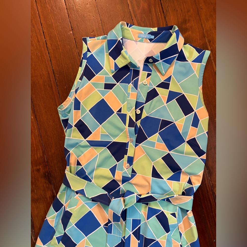 J. McLaughlin dolly blue belted geometric print tie waist Catalina dress size M - Picture 3 of 5